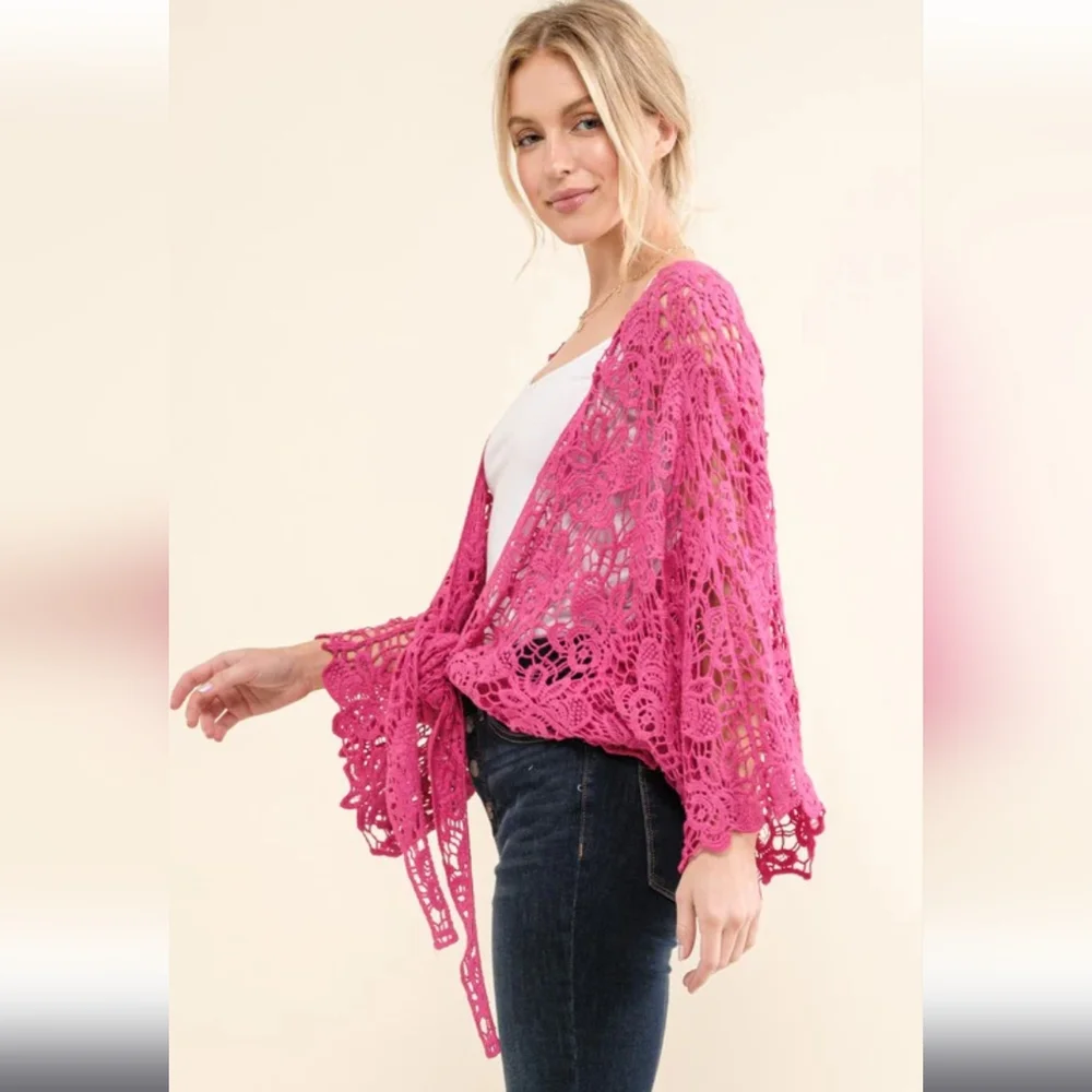 Pink Crochet Tie Front Cardigan Layering - Picture 2 of 6
